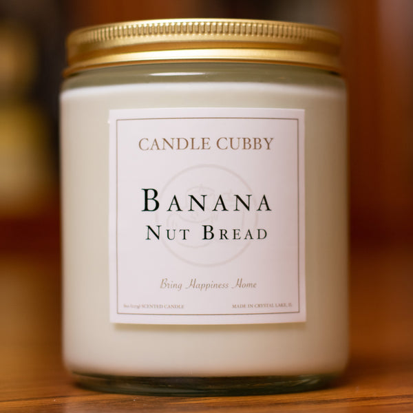 Banana Nut Bread, 8oz Jar Candle, Banana Bread Scented, Front View on Kitchen Table. Candle Cubby