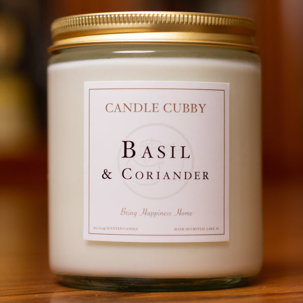 Basil & Coriander, 8oz Jar Candle, Basil Coriander Scented, Front View Cover Photo. Candle Cubby