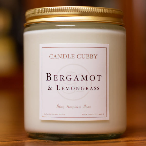 Bergamot & Lemongrass, 8oz Jar Candle, Lemongrass Scented, Front View Cover Photo. Candle Cubby