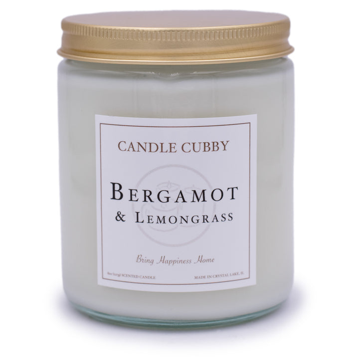 Bergamot & Lemongrass, 8oz Jar Candle, Lemongrass Scented, Front View, Plain White Background. Candle Cubby