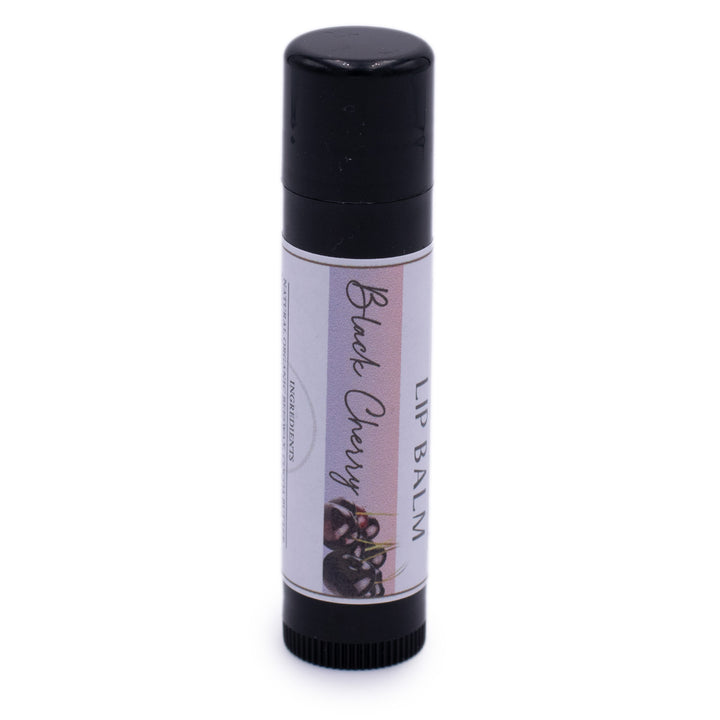 Black Cherry Lip Balm, Classic Tube, Black Cherry Flavored, Candle Cubby, Plain White Background, Cap On