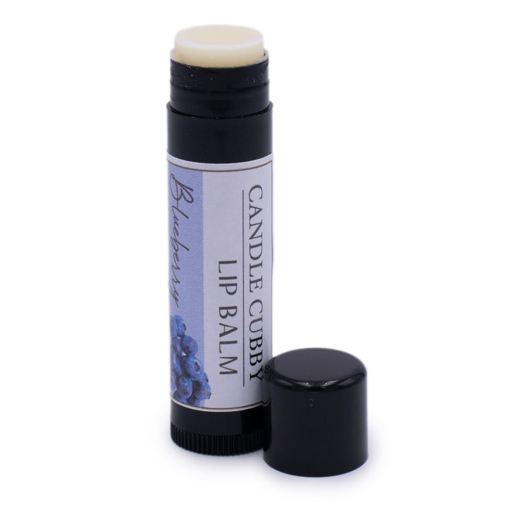 Blueberry Lip Balm, Classic Tube, Blueberry Flavored, Candle Cubby, Plain White Background, Cap Off