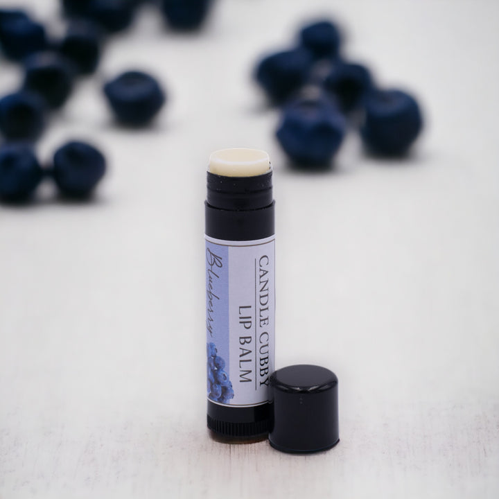 Blueberry Lip Balm, Classic Tube, Blueberry Flavored, Candle Cubby, Countertop Photo with Fresh Blueberries