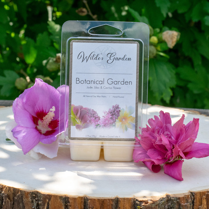 Botanical Garden, Scented Wax Melts, Jade, Lilac and Cactus Flower Scented, Wilde's Garden, Photo on Log with Flowers