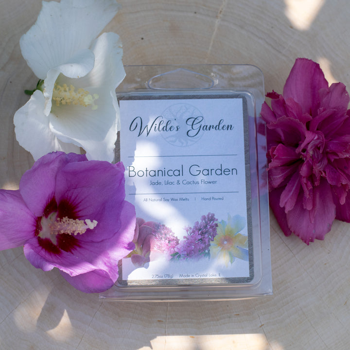 Botanical Garden, Scented Wax Melts, Jade, Lilac and Cactus Flower Scented, Wilde's Garden, Photo on Log with Flowers, Top Down View