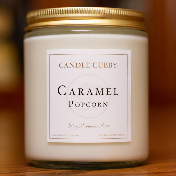 Caramel Popcorn, 8oz Jar Candle, Caramel Popcorn Scented, Front View Cover Photo. Candle Cubby