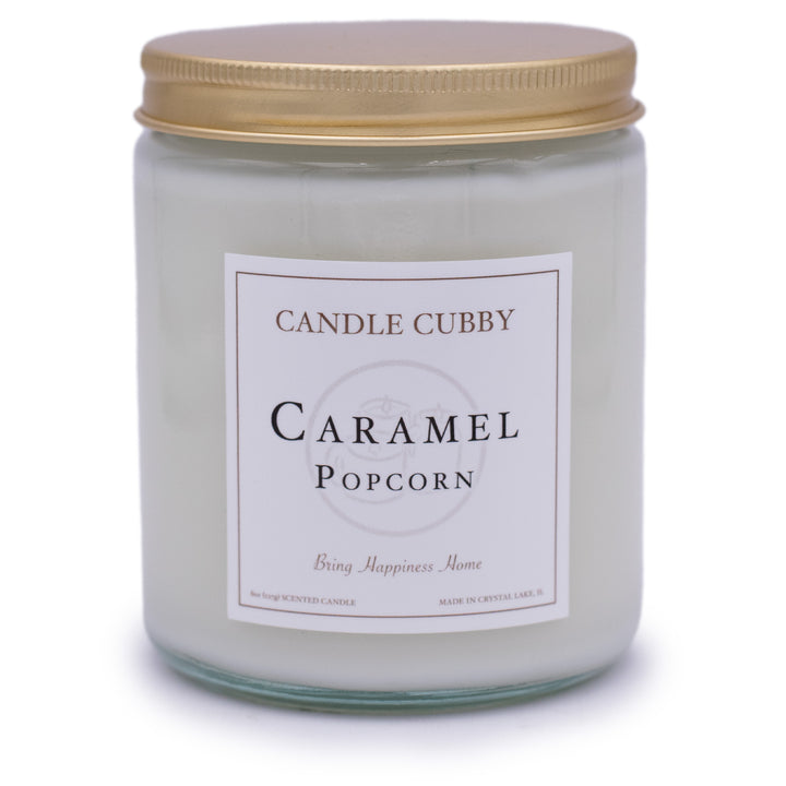 Caramel Popcorn, 8oz Jar Candle, Caramel Popcorn Scented, Front View Plain White Background. Candle Cubby