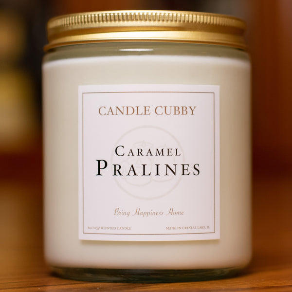Caramel Pralines, 8oz Jar Candle, Caramel Praline Scented, Front View Cover Photo. Candle Cubby