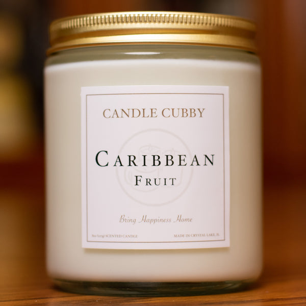Caribbean Fruit, 8oz Jar Candle, Tropical Fruit Scented, Front View Cover Photo. Candle Cubby