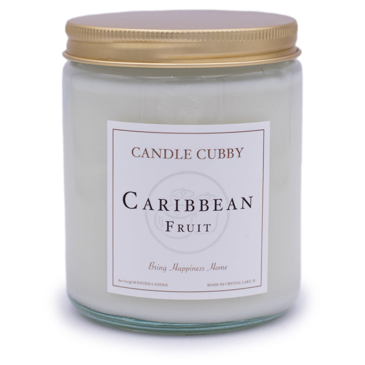 Caribbean Fruit, 8oz Jar Candle, Tropical Fruit Scented, Front View Plain White Background. Candle Cubby