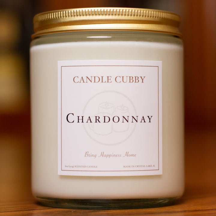 Chardonnay, 8oz Jar Candle, Chardonnay Wine Scented, Front View Cover Photo. Candle Cubby