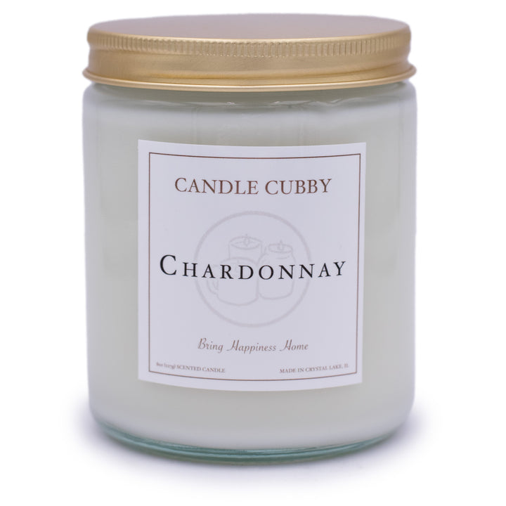 Chardonnay, 8oz Jar Candle, Chardonnay Wine Scented, Front View, Plain White Background. Candle Cubby