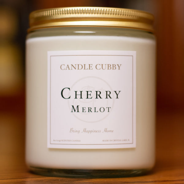 Cherry Merlot, 8oz Jar Candle, Cherry Merlot Wine Scented, Front View Cover Photo. Candle Cubby