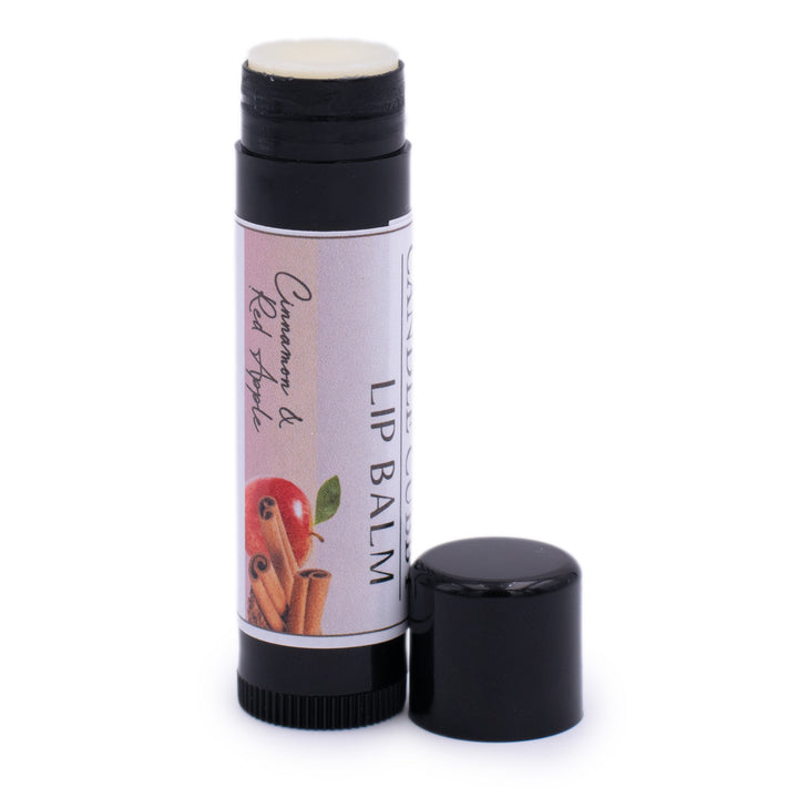 Cinnamon & Red Apple Lip Balm, Classic Tube, Cinnamon and Red Apple Flavored, Candle Cubby, Plain White Background, Cap Off