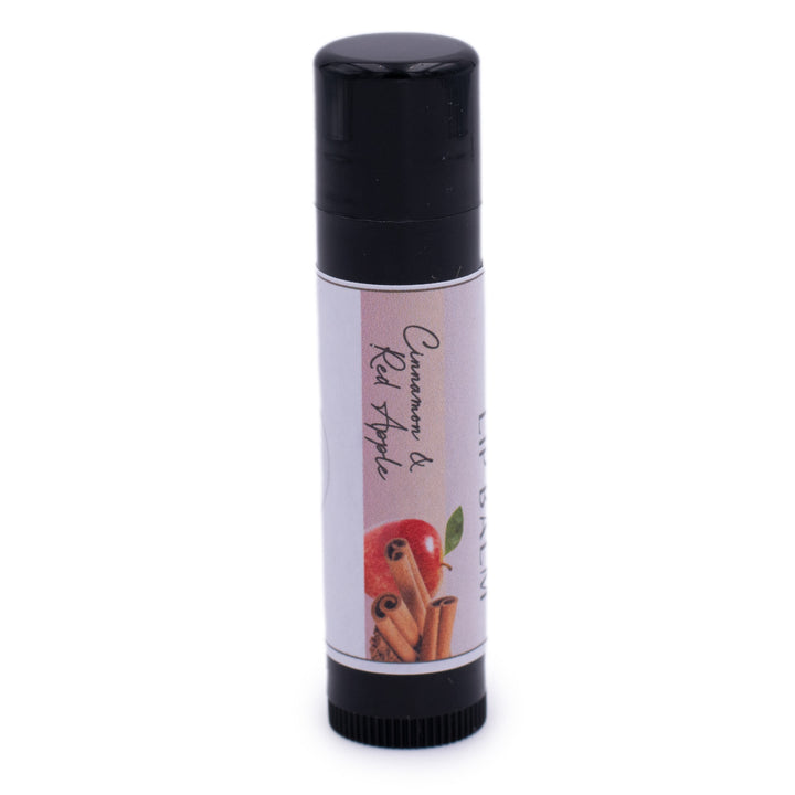 Cinnamon & Red Apple Lip Balm, Classic Tube, Cinnamon and Red Apple Flavored, Candle Cubby, Plain White Background, Cap On