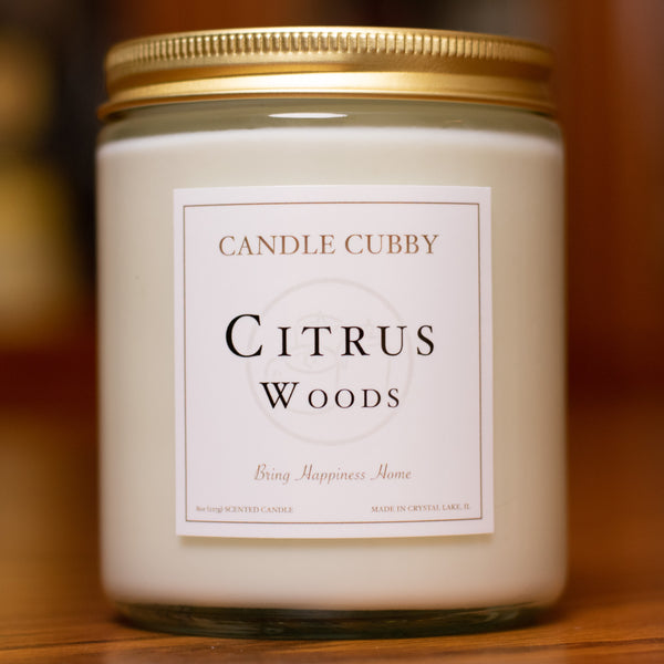 Citrus Woods, 8oz Jar Candle, Floral and Musk Scented, Front View Cover Photo. Candle Cubby