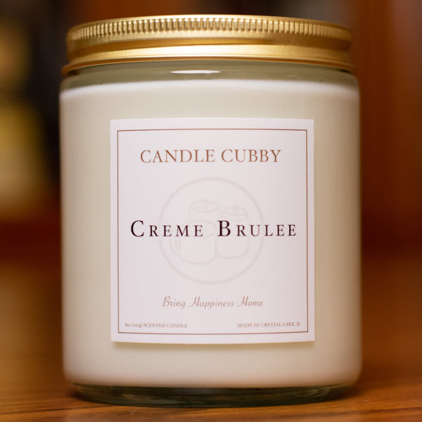 Creme Brulee, 8oz Jar Candle, Creme Brulee Scented, Front View Cover Photo. Candle Cubby