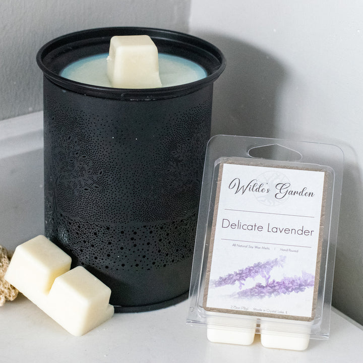 Delicate Lavender, Scented Wax Melts, Lavender Scented, Wilde's Garden, Bathroom Countertop Photo With Melter