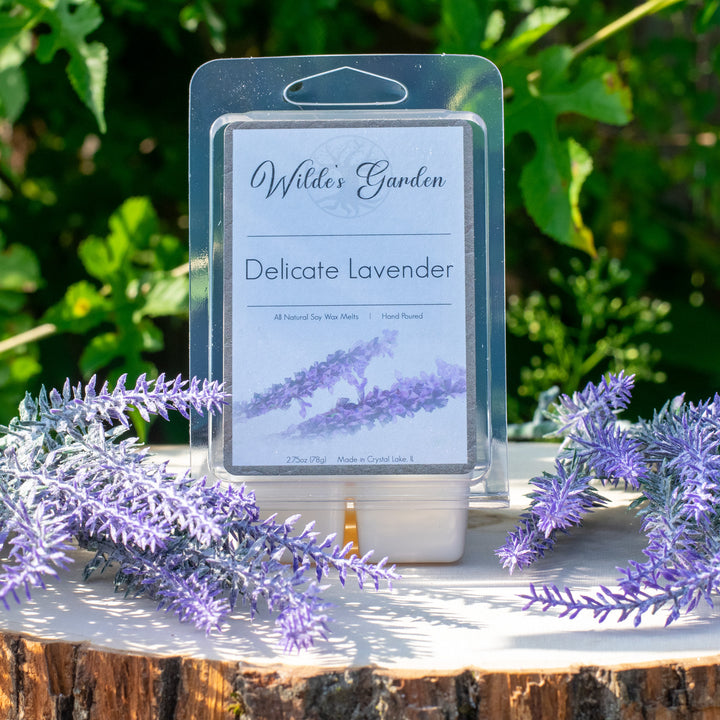 Delicate Lavender, Scented Wax Melts, Lavender Scented, Wilde's Garden, Photo on Log with Lavender Flowers