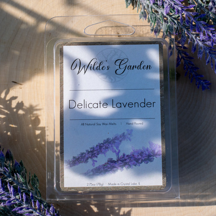 Delicate Lavender, Scented Wax Melts, Lavender Scented, Wilde's Garden, Photo on Log with Lavender, Top Down View