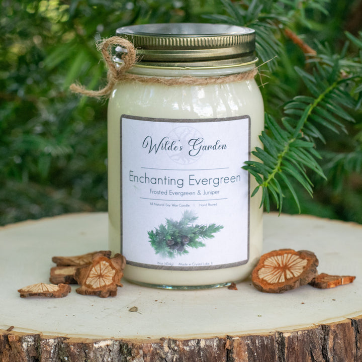 Enchanting Evergreen, 16oz Mason Jar Candle, Evergreen and Juniper Scented, Photo on Log