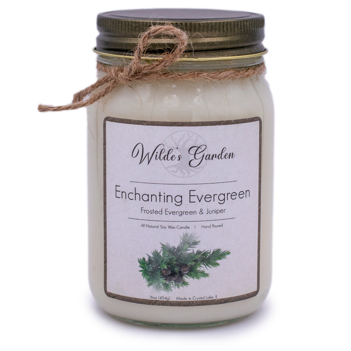 Enchanting Evergreen, 16oz Mason Jar Candle, Evergreen and Juniper Scented, Plain White Background