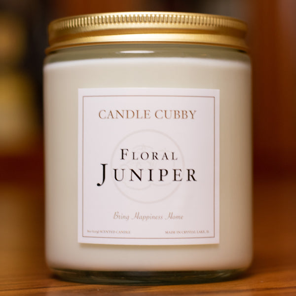 Floral Juniper, 8oz Jar Candle, Juniper Scented, Front View, Cover Photo. Candle Cubby