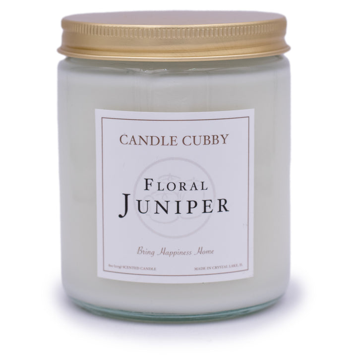 Floral Juniper, 8oz Jar Candle, Juniper Scented, Front View, Plain White Background. Candle Cubby