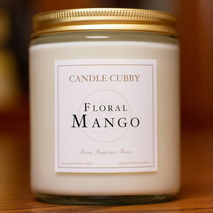 Floral Mango, 8oz Jar Candle, Mango and Gardenia Scented, Front View Cover Photo. Candle Cubby