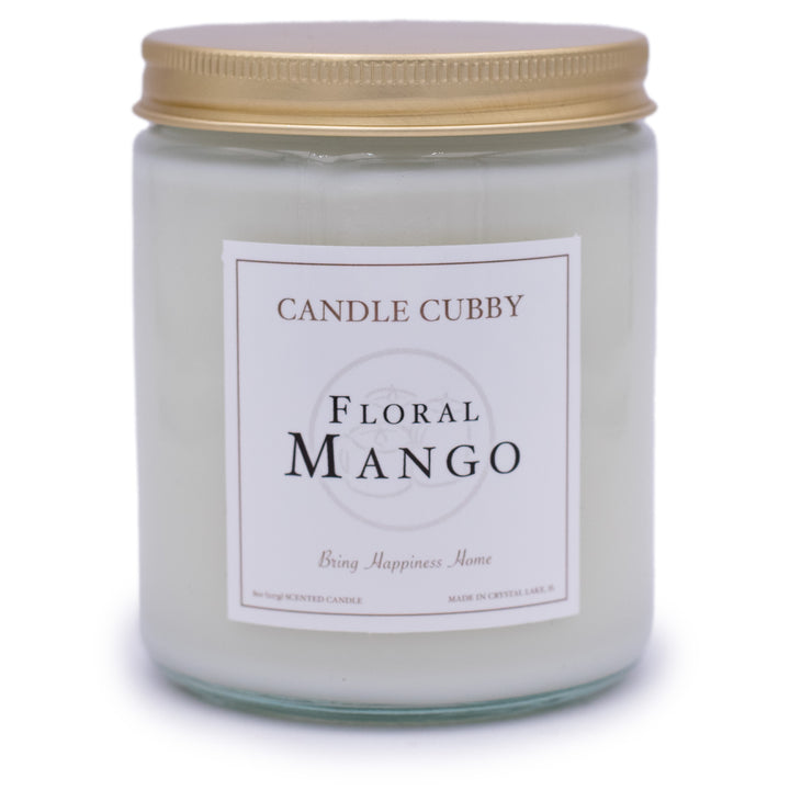 Floral Mango, 8oz Jar Candle, Mango and Gardenia Scented, Front View, Plain White Background. Candle Cubby