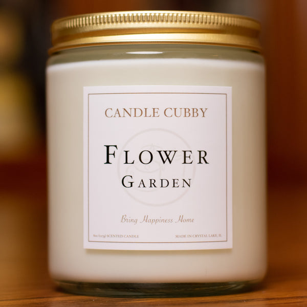Flower Garden, 8oz Jar Candle, Jade and Lilac Scented, Front View, Cover Photo. Candle Cubby