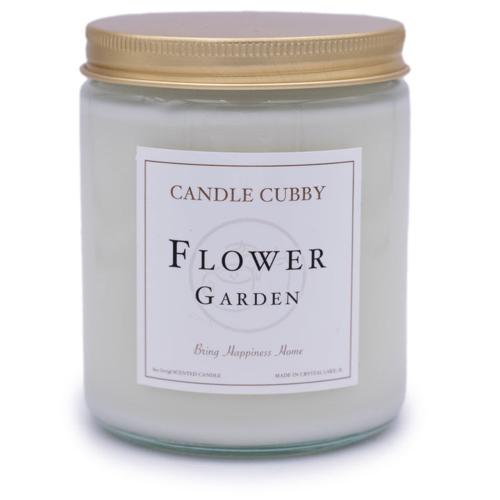 Flower Garden, 8oz Jar Candle, Jade and Lilac Scented, Front View, Plain White Background. Candle Cubby