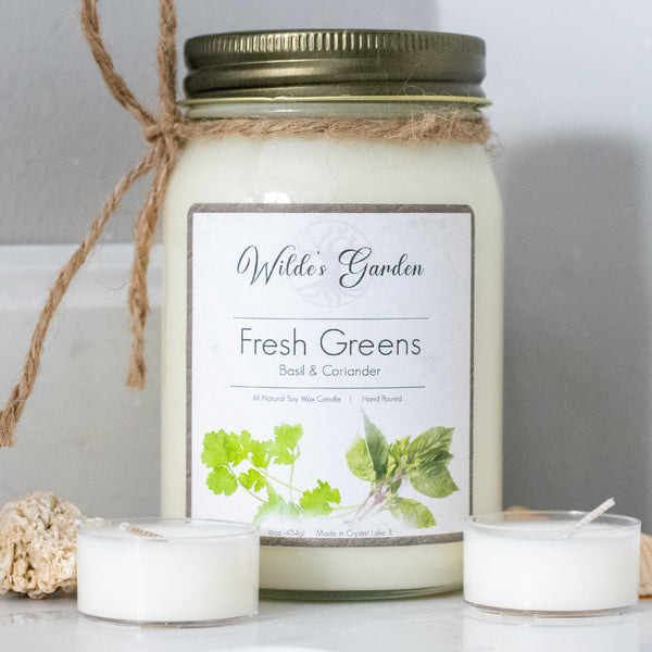 Fresh Greens, 16oz Mason Jar Candle, Basil and Coriander Scented, Bathroom Counter Cover Photo