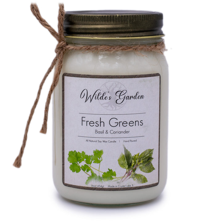 Fresh Greens, 16oz Mason Jar Candle, Basil and Coriander Scented, Plain White Background