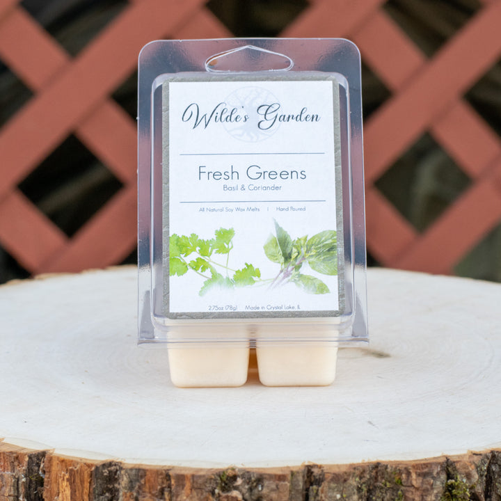 Fresh Greens, Scented Wax Melts, Basil and Coriander Scented, Wilde's Garden, Photo on Log with Lattice Fence