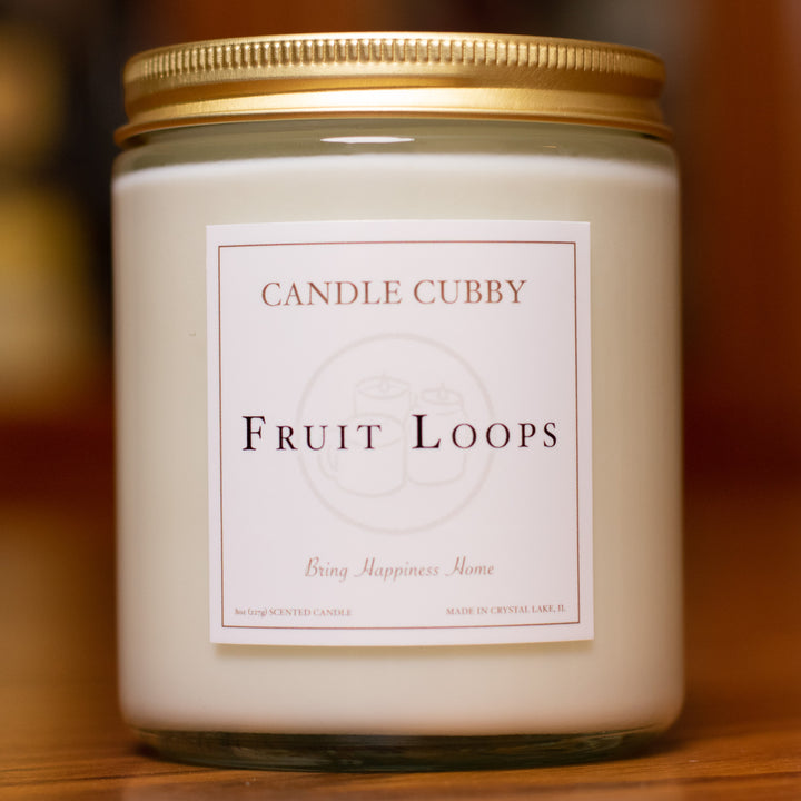 Fruit Loops, 8oz Jar Candle, Fruit Loops Scented, Front View Cover Photo. Candle Cubby