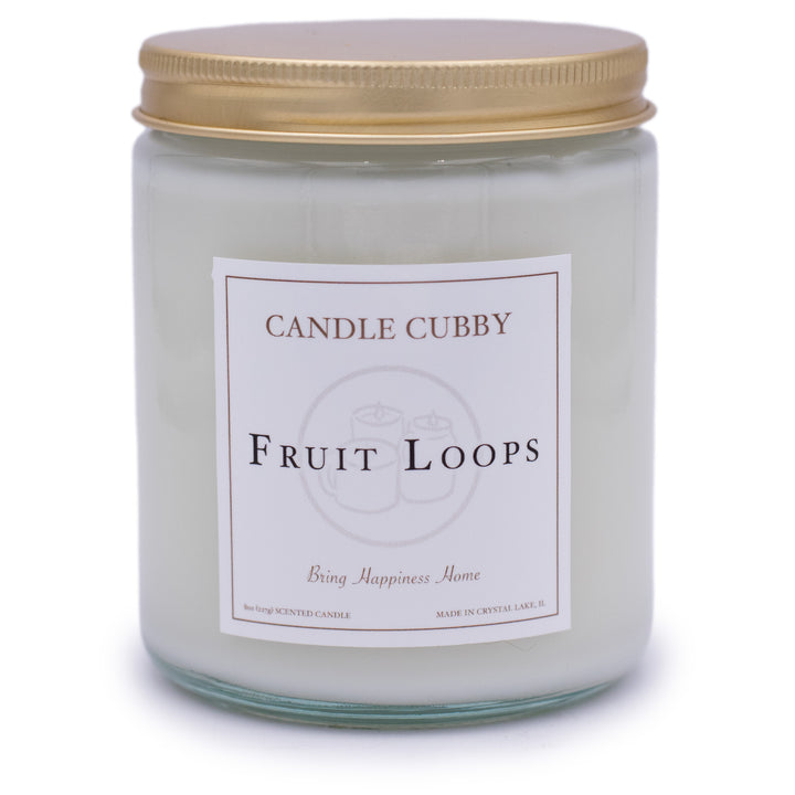 Fruit Loops, 8oz Jar Candle, Fruit Loops Scented, Front View, Plain White Background. Candle Cubby