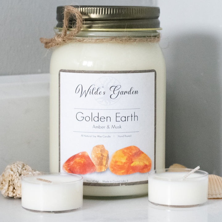 Golden Earth, 16oz Mason Jar Candle, Amber and Musk Scented, Bathroom Counter Cover Photo