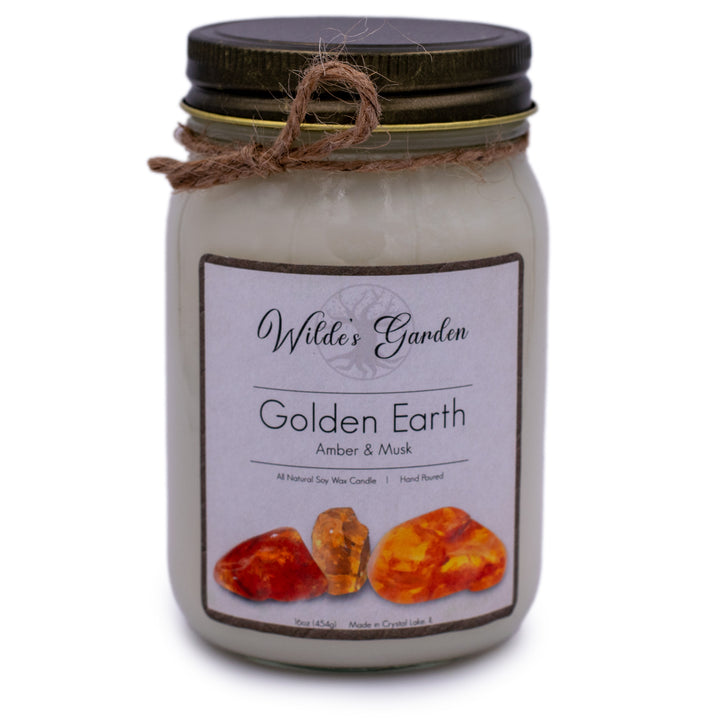 Golden Earth, 16oz Mason Jar Candle, Amber and Musk Scented, Plain White Background