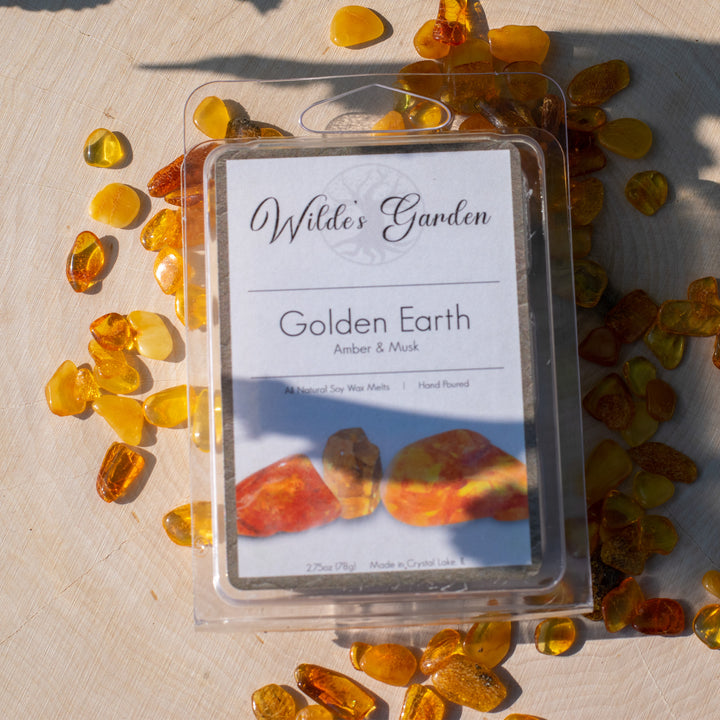 Golden Earth, Scented Wax Melts, Amber and Musk Scented, Wilde's Garden, Cover Photo, Photo on Log, Top Down View