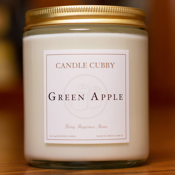Green Apple, 8oz Jar Candle, Green Apple Scented, Front View Cover Photo. Candle Cubby