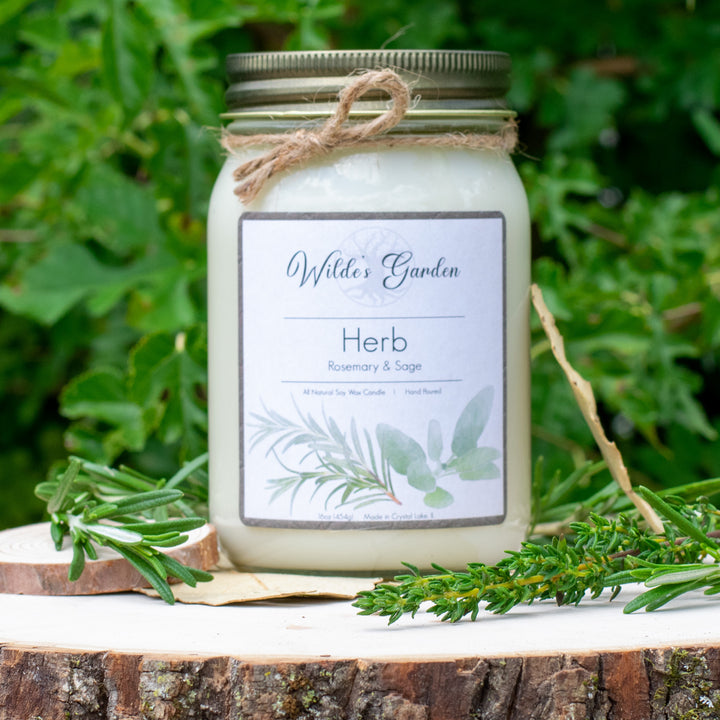 Herb, 16oz Mason Jar Candle, Rosemary and Sage Scented, Photo on Log