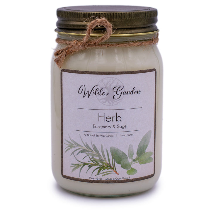 Herb, 16oz Mason Jar Candle, Rosemary and Sage Scented, Plain White Background