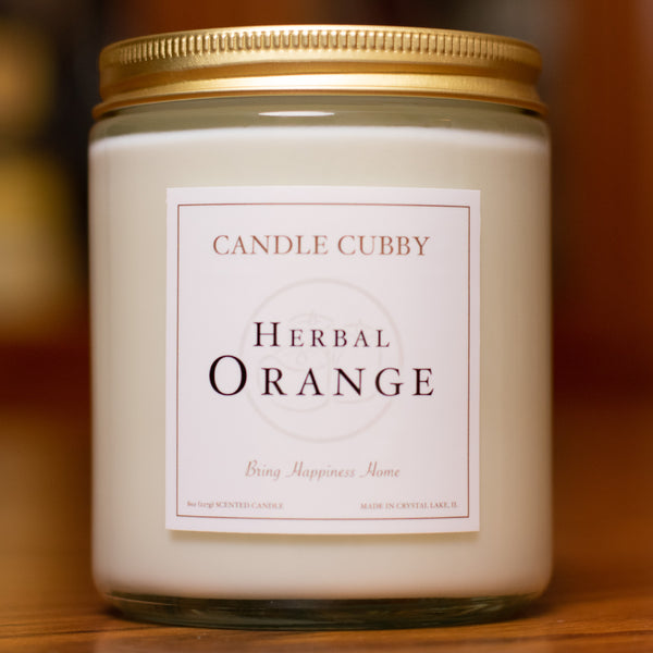 Herbal Orange, 8oz Jar Candle, Herbal Orange Scented, Front View Cover Photo. Candle Cubby