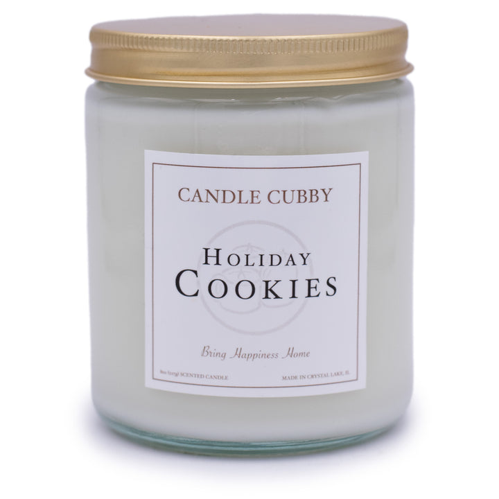 Holiday Cookies, 8oz Jar Candle, Ginger Cookies Scented, Front View, Plain White Background. Candle Cubby