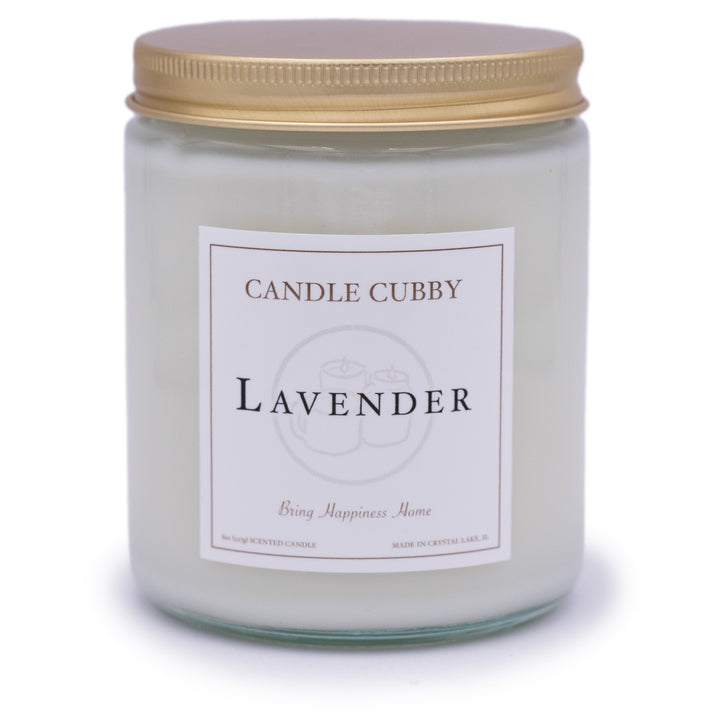 Lavender, 8oz Jar Candle, Lavender Scented, Front View, Plain White Background. Candle Cubby