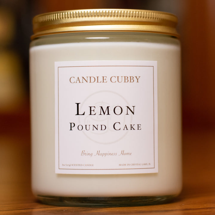 Lemon Pound Cake, 8oz Jar Candle, Lemon Cake Scented, Front View Cover Photo. Candle Cubby