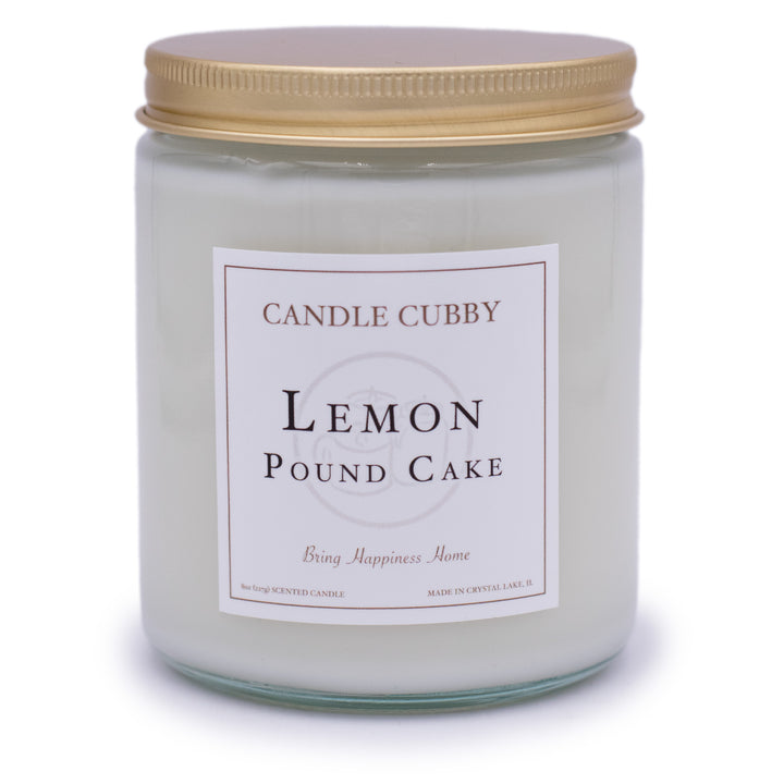 Lemon Pound Cake, 8oz Jar Candle, Lemon Cake Scented, Front View, Plain White Background. Candle Cubby