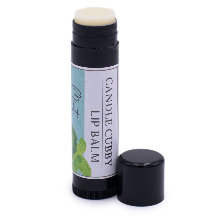 Mint Lip Balm, Classic Tube, Mint Flavored, Candle Cubby, Plain White Background, Cap Off