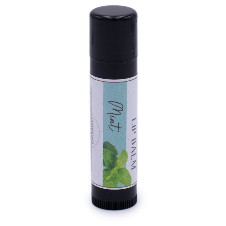 Mint Lip Balm, Classic Tube, Mint Flavored, Candle Cubby, Plain White Background, Cap On
